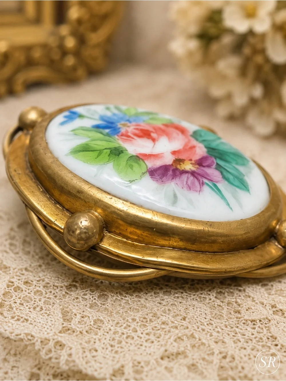 Antique Victorian Limoges Style Floral Porcelain Brooch Mixed Era Marriage Piece